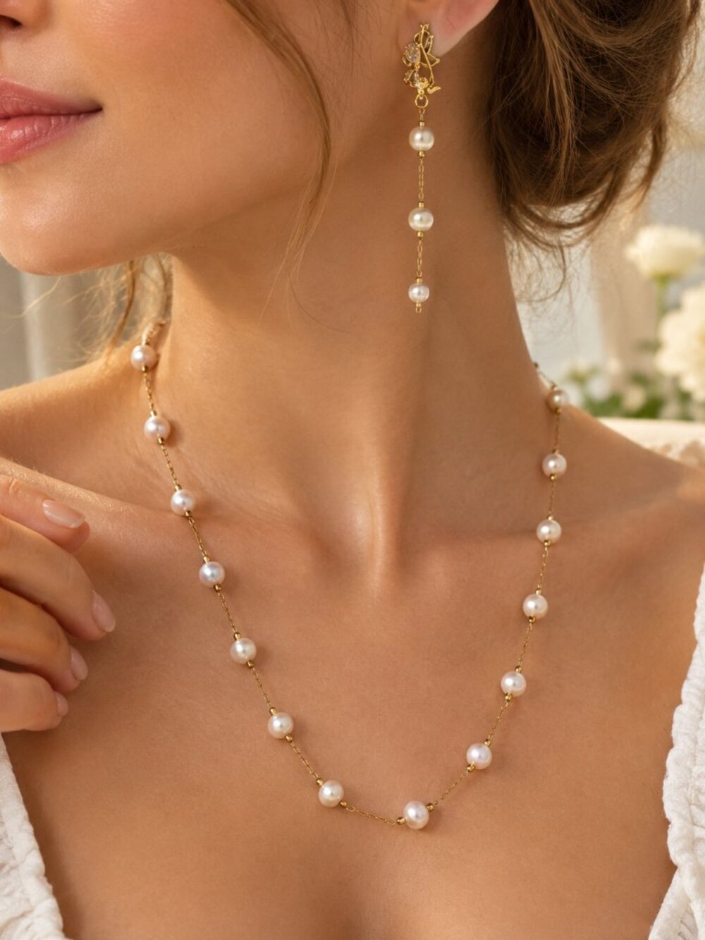 Handmade White Pearl Jewelry Set, Elegant Pearl Necklace and Dangle Earrings set